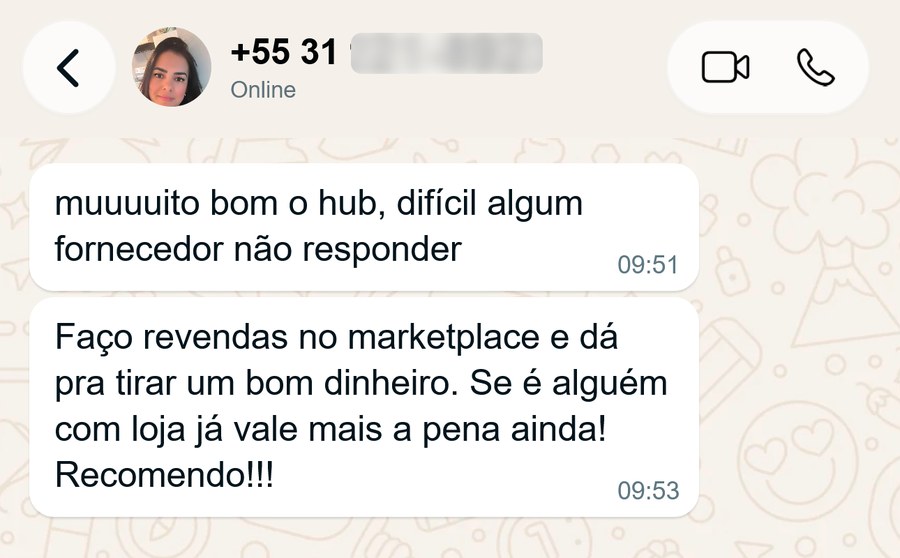 Cliente elogiando o hub no WhatsApp